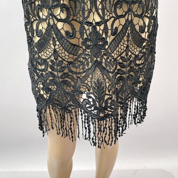 Saylor Black Guipure Lace Fringe Hem Spaghetti Strap Deep V-Neck Midi Dress S - Picture 6 of 11